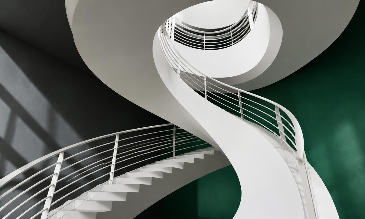 Geometric white spiral staircase with an emerald backdrop