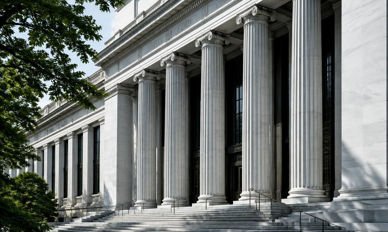 Monumental central bank columns in daylight
