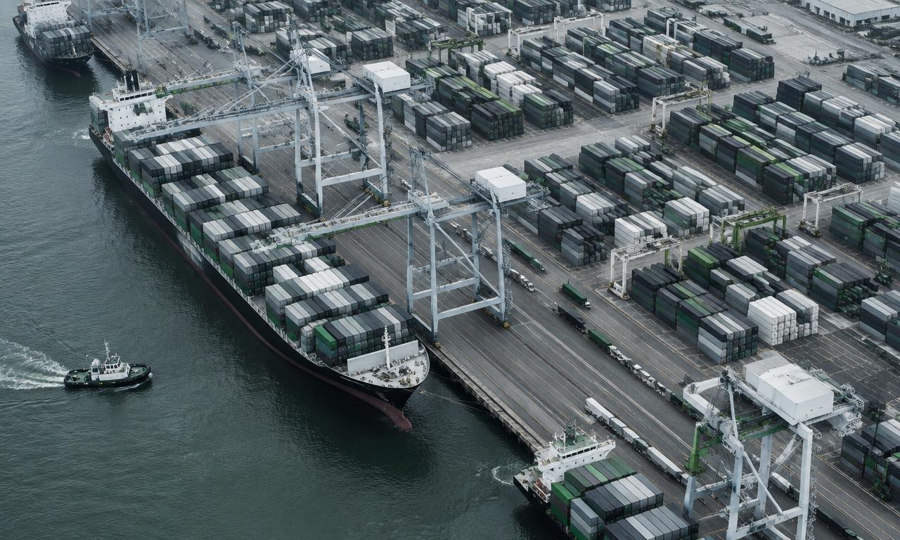 Container ships and cargo infrastructure at a global trade port